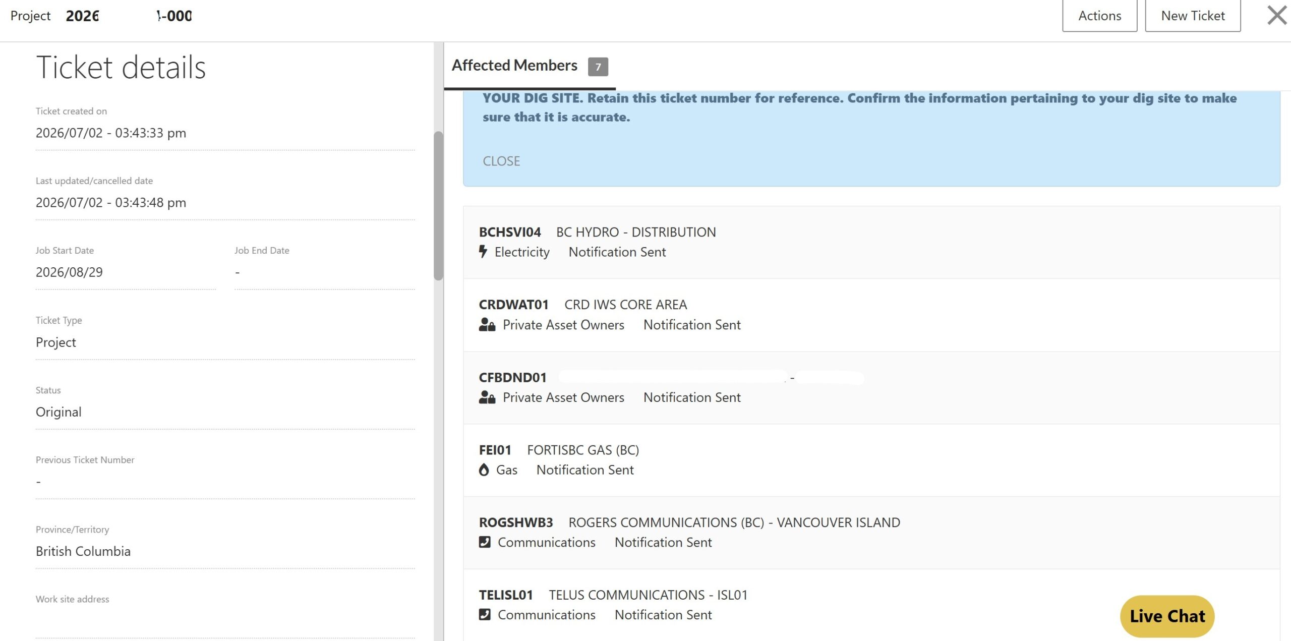 BC 1 Call ticket details page showing the Affected Members list with utilities notified for a dig site in BC