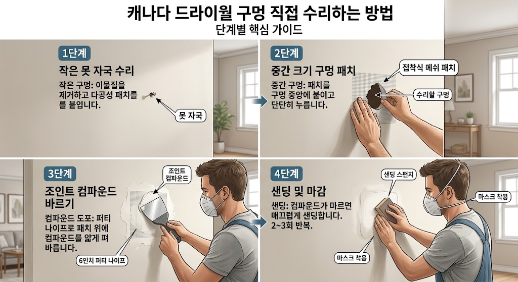 캐나다 드라이월 직접 수리하는 방법 — 구멍 크기별 DIY 가이드
